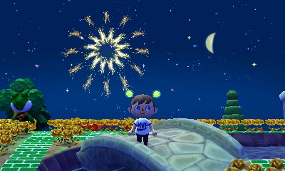 Watching the fireworks as I wear a bulb bopper in ACNL.