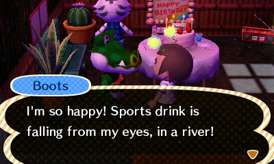 Boots: I'm so happy! Sports drink is falling from my eyes, in a river!