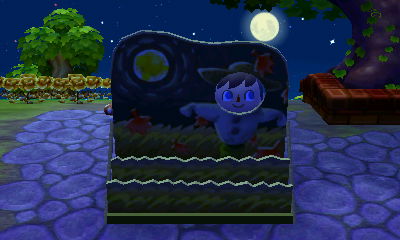 Jeff uses the face-cutout standee for the autumn moon in Animal Crossing: New Leaf.