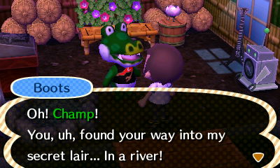 Boots: Oh! Champ! You, uh, found your way into my secret lair... In a river!