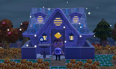 Snow flurries falling at Jeff's house in Animal Crossing: New Leaf.