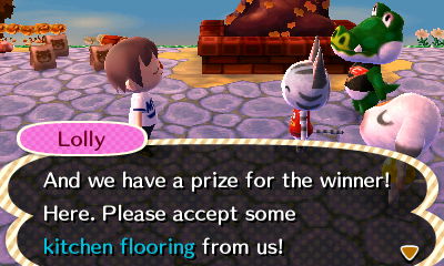 Lolly: And we have a prize for the winner! Here. Please accept some kitchen flooring from us!