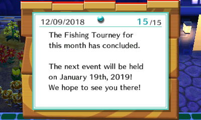 The fishing tourney for this month has concluded. The next event will be held on January 19th, 2019! We hope to see you there!