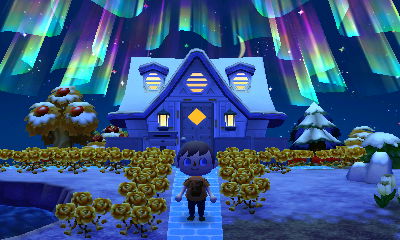The northern lights over Jeff's house in Animal Crossing: New Leaf.