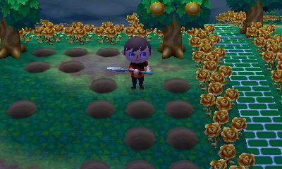 A bunch of holes left where I dug up some flowers in my Animal Crossing: New Leaf town.