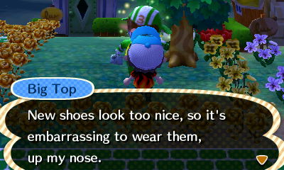 Big Top: New shoes look too nice, so it's embarrassing to wear them, up my nose.