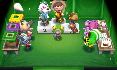 Jeff holds the golden bug trophy after winning the Bug-Off in Animal Crossing New Leaf.