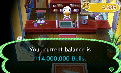Your current balance is 114,000,000 bells.