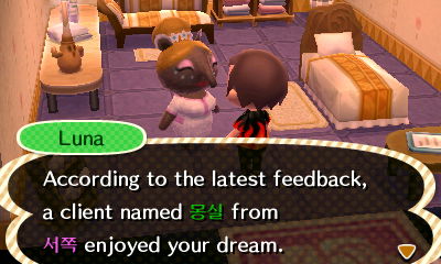 Luna tells me of a Korean player that visited my dream town.