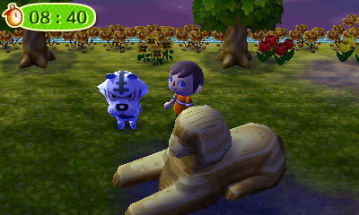 Rolf tries to hide behind the paw of the Sphinx during a game of hide-and-seek.