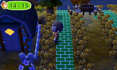 Molly hides behind Rolf's house during a game of hide-and-seek in Animal Crossing: New Leaf.