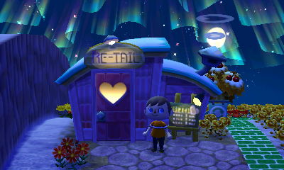 An aurora (the northern lights) appear over Re-Tail in Animal Crossing: New Leaf.