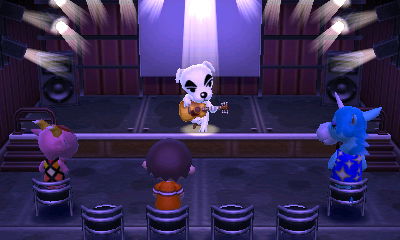 K.K. Slider performs for Velma, Jeff, and Julian in ACNL.