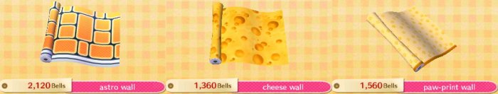 The astro wall, cheese wall, and paw-print wall in Animal Crossing: New Leaf.