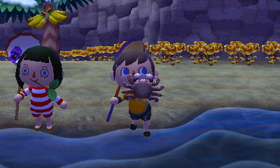 Jeff holds up a horsehair crab in Animal Crossing: New Leaf, while standing next to Merka.