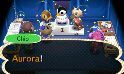 Chip, announcing the fishing tournament winner: Aurora!