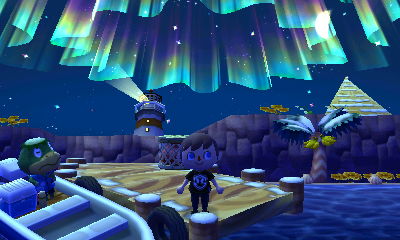 The northern lights in Forest, as seen from the dock. The lighthouse and pyramid can also be seen in the distance.