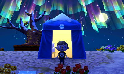 The aurora borealis shines above Chip's tent in Animal Crossing: New Leaf.