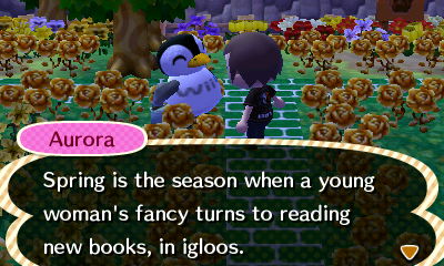Aurora: Spring is the season when a young woman's fancy turns to reading new books, in igloos.