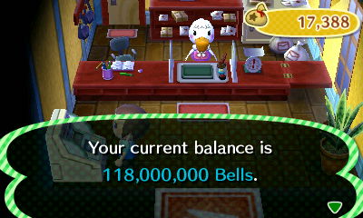 Your current balance is 118,000,000 bells.