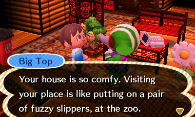 Big Top: Your house is so comfy. Visiting your place is like putting on a pair of fuzzy slippers, at the zoo.