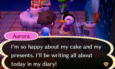 Aurora: I'm so happy about my cake and my presents. I'll be writing all about today in my diary!