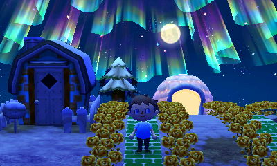 The northern lights shine over an igloo in Animal Crossing: New Leaf.