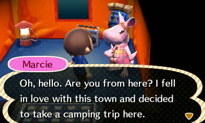 Marcie: Oh, hello. Are you from here? I fell in love with this town and decided to take a camping trip here.