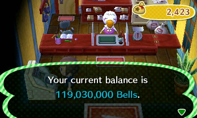 Your current balance is 119,030,000 bells.