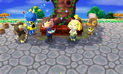 Blathers, Hornsby, Jeff, Isabelle, and Molly celebrate the anniversary of Forest.