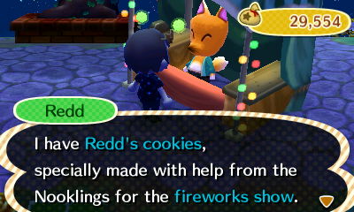 Redd: I have Redd's cookies, specially made with help from the Nooklings for the fireworks show.