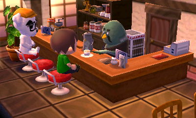 Brewster slides me a cup of coffee at the Roost, as K.K. looks on.