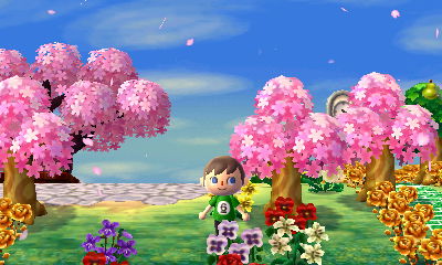 Pink leaves on trees and cherry blossom petals falling from the sky.