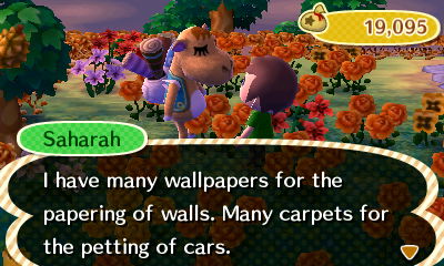 Saharah: I have many wallpapers for the papering of walls. Many carpets for the petting of cars.