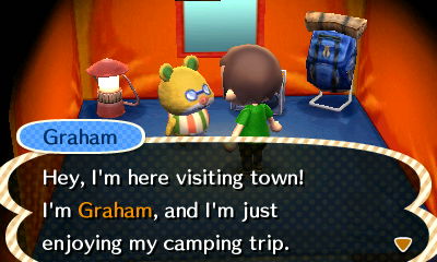 Graham, at the campsite: Hey, I'm here visiting town! I'm Graham, and I'm just enjoying my camping trip.