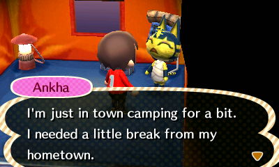 Ankha: I'm just in town camping for a bit. I needed a little break from my hometown.