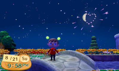 A heart-shaped firework in Animal Crossing: New Leaf.