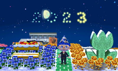 Fireworks spell out 2023 in Animal Crossing: New Leaf.