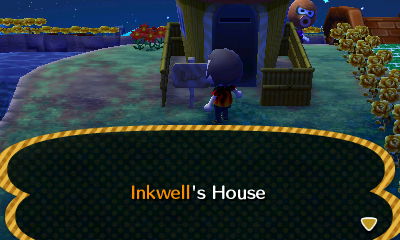 Inkwell hides behind his own house during a game of hide-and-seek in Animal Crossing: New Leaf.