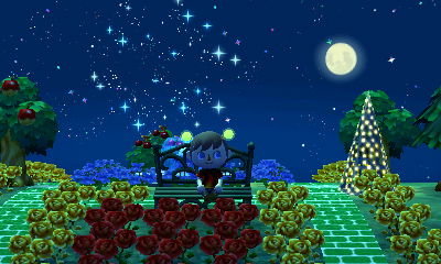 Sitting on a bench during the fireworks festival in Animal Crossing: New Leaf.