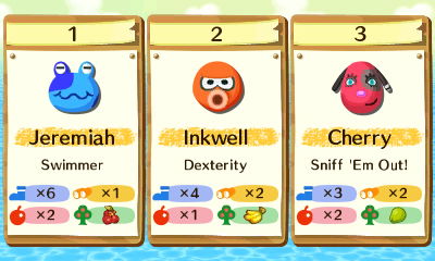 1: Jeremiah, Swimmer.
2: Inkwell, Dexterity.
3. Cherry, Sniff 'Em Out!