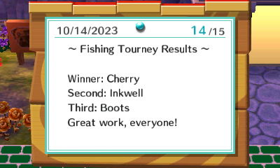 ~Fishing Tourney Results~ Winner: Cherry. Second: Inkwell. Third: Boots. Great work, everyone!