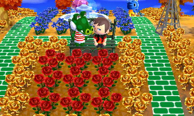 Sitting on a bench with Boots the alligator in Animal Crossing: New Leaf.