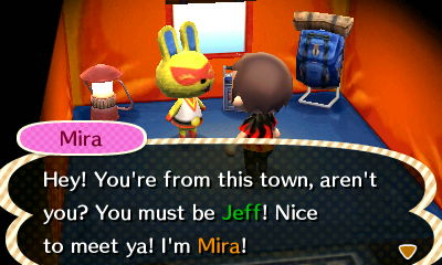 Mira: Hey! You're from this town, aren't you? You must be Jeff! Nice to meet ya! I'm Mira!