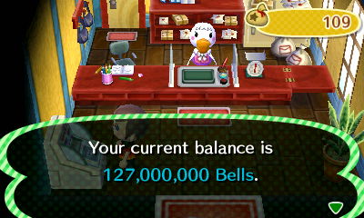 Your current balance is 127,000,000 bells.