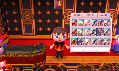 My Wii U game shelf in Animal Crossing: New Leaf.