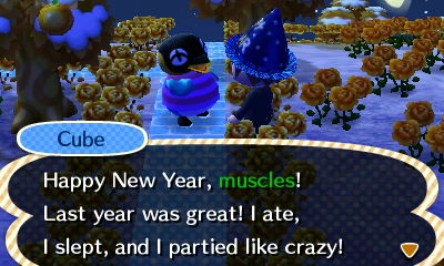 Cube: Happy New Year, muscles! Last year was great! I ate, I slept, and I partied like crazy!