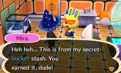 Mira: Heh heh... This is from my secret bucket stash. You earned it, dude!