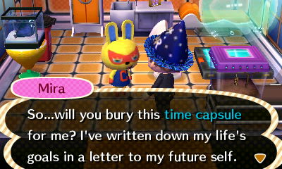 Mira: So...will you bury this time capsule for me? I've written down my life's goals in a letter to my future self.