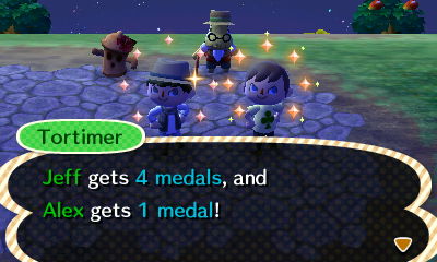 Tortimer: Jeff gets 4 medals, and Alex gets 1 medal!